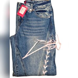 EDITKED Ribbon Lace-Up Jeans NWT L US 8 $94 Wide Leg Low Rise 100% Cotton
